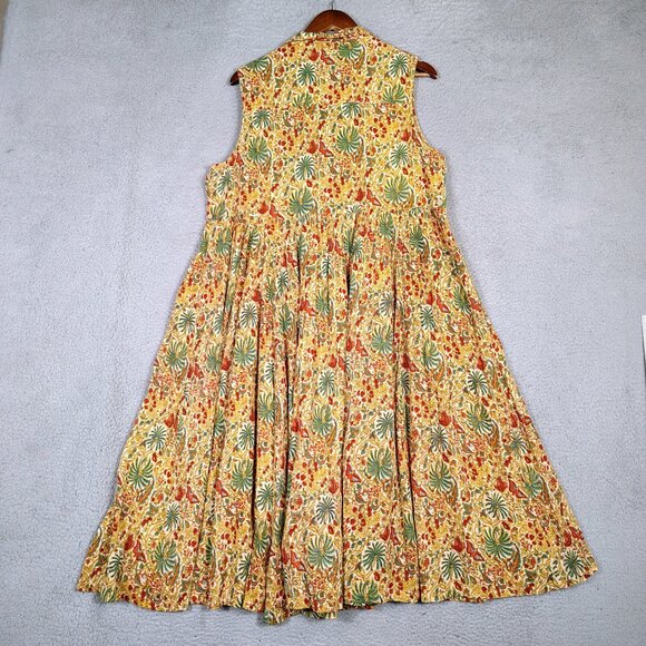 April Cornell Moth Midi Dress Women's M Yellow Multi Floral Sleeveless Peasant - Picture 2 of 9